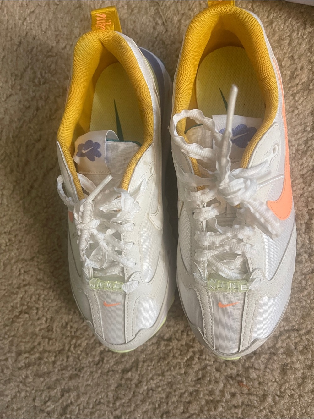 Nike Women's White Sneakers with Peach Swoosh and Yellow Lining
